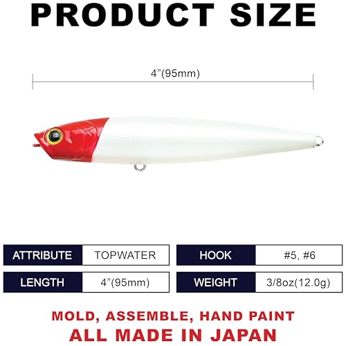 LUCKY CRAFT Gunfish 95NF Top Water Bass Fishing Lures, 4” Floating Lure with Cupped Mouth, Freshwater Trout and Bass Lures Fishing Gear, Accessories for Tackle Box - color: 700 Red Head
