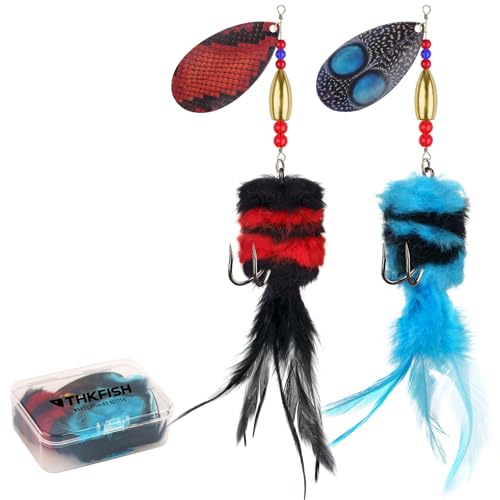 THKFISH Musky Pike Walleye Fishing Lure, Rooster Tail Fishing Lures with Hard Metal Brass Inline Spinner Baits with Tackle Box for Trout Bass Salmon Freshwater Saltwater Lures - color: Black&Blue, size: 1.3 oz---2pcs