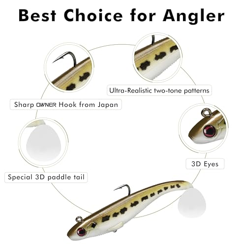 TRUSCEND Shadtale Easy Catch Soft Fishing Lures with BKK Hooks - Trembly Sinking and Vibrating Swim for More Bites, Pre-Rigged Swimbaits for Bass, Trout, Crappie, Walleye, Freshwater Saltwater Fishing - color: 6",2oz