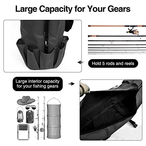 DONQL Fishing Rod Bags, Outdoor Fishing Pole Case, Multifunction Camping Portable Travel Carry Cases Backpack, Fishings Rod and Reel Case Holds 5 Poles & Rig Tackles, Fishings Gift for Men - color: Black