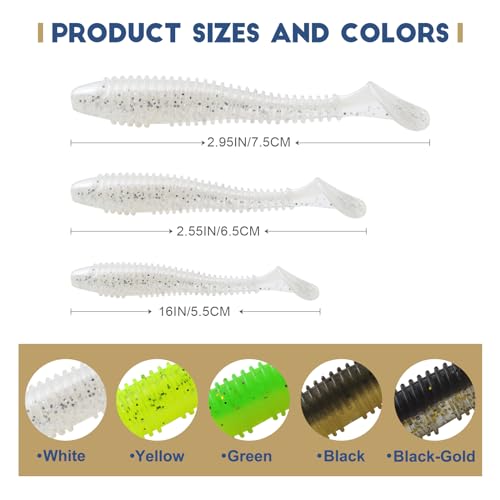 MAFIMOEA50/40/30Pcs Paddle Tail Swim Baits Lures Fishing Soft Plastic Lure Kit for Bass Trout Walleye Crappie 5.5cm 6.5cm 7.5cm - color: Mixed Colors, size: 6.5cm/2.55in-40pcs