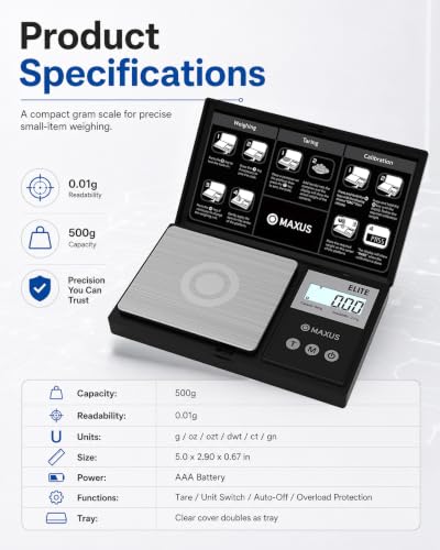 MAXUS Digital Pocket Gram Scale 500g x 0.01g High Precision with Tray, Weighs Small Food, Jewelry, Ounces, Grains, LCD Display, Tare Function - color: Black