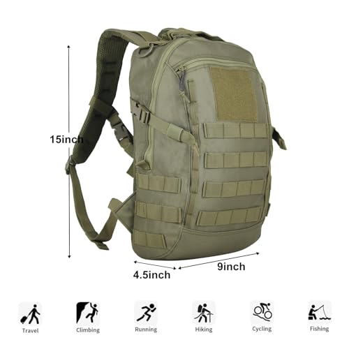 Small Tactical Hiking Backpack, 12L MOLLE Bookbag Daypack for Travel | MOLLE webbing expands carry options;compact,lightweight design fits hiking,school,camping,travel and daily use - color: Green