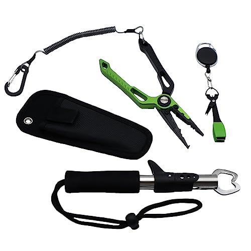 Grip 3 pc Deluxe Fly Fishing Tool Set - Multi-Purpose Fishing Pliers, Mono Line Clippers with Retractable Carabiner, Fish Lip Grippers
