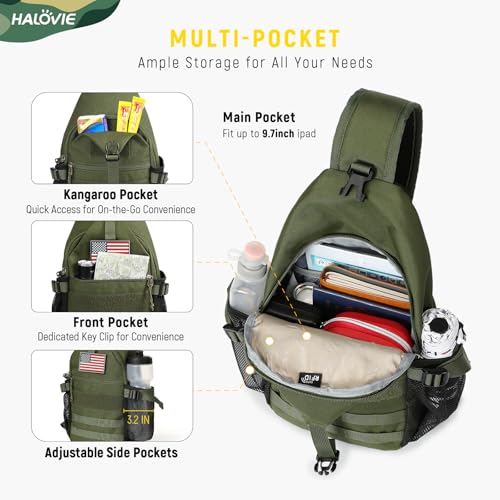 HALOVIE Crossbody Sling Bag Anti Theft RFID Sling Backpack Lightweight Travel Hiking EDC Tactical Chest Shoulder Pack Gift for Men - color: Army Green