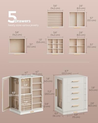 SONGMICS GISELLA Collection - Jewelry Box Organizer 360° Rotating, Vertical Jewelry Storage Case with 5 Drawers, Glass Window, Spacious, Open Design, Great Gift, Cloud White UJBC170W01 - color: Cloud White, size: 5 Drawers (6.3"d X 8.7"w X 11.2"h)