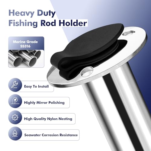 2Pcs Rod Holders for Fishing Boat, Heavy Duty 316 Stainless Steel Fishing Rod Pole Holder, Flush Mount, 15/30/90 Degree - color: Silver - Black Insert