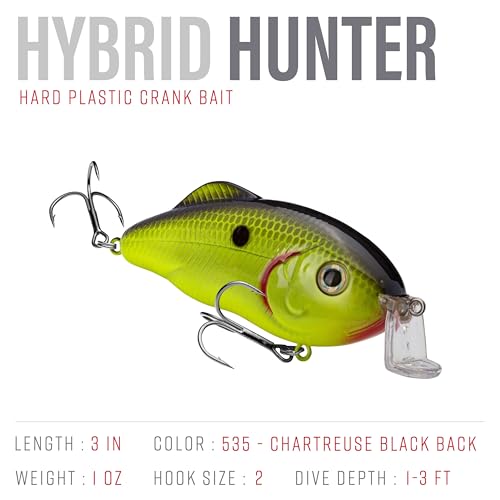 Strike King Hybrid Hunter Shallow Jr. Fishing Lure, Shallow Diving Crankbait, 90-Degree Bill, 3D Eyes, Loud Rattle, Dives 1 to 3-Feet,Size 4 & 6 Treble Hooks - color: Chartreuse with Black Back, size: 1 oz