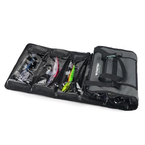 THKFISH Big Bait Bag, Roll-Up Large Trolling Lure Bag for Big Baits with 7 or 8 Heavy Duty PVC Protective Cover Pockets, Mesh Cleaning & Drying Tabs - size: Medium