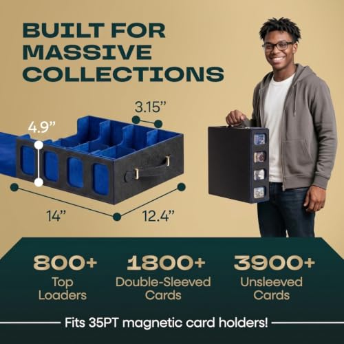 4-Row Mtg Trading Card Storage Box With Display Windows - Magnifier Ruler, 2 Display Stands, 6 Cardholders - 3000+ Card Case With Magnetic Closure, Sports TCG Card Organizer - Blue Card Boxes - color: Black, Blue (4 Row)