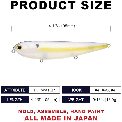 LUCKY CRAFT Sammy 105 Topwater Fishing Lures, 3 Hook, 4-1/8" Floating Freshwater Trout and Bass Lures, Walk-the-Dog Tournament Bait, Bass Fishing Gear and Tackle Box Accessories - color: 250 Chartreuse Shad