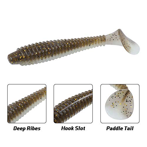 RUNCL Swimbaits Paddle 10/20/30/40PCS, 5/4/3/2 Inchs Paddle Tail, Soft Lure for Trout Crappie Bass, Durable Plastic Bait Swimmer for Saltwater/Freshwater, Fishing Lover's Gift - color: Brown Flash, size: 3in, 30pcs