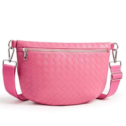 KALIDI Woven Crossbody Bags for Women Travel Vegan Leather Fanny Packs for Woman Cross Body Purse Fashion Belt Bum Bag with Wide Strap - color: Pink