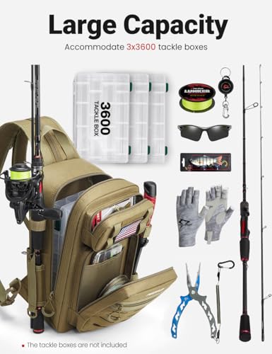 Piscifun Fishing Backpack Tackle Bag with 2 Rod Holders, Multi-Compartment Storage, MOLLE System, Water-Resistant Lightweight Outdoor Pack - color: Double Shoulder - Black Camouflage, style: Standard