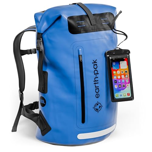 Earth Pak Waterproof Backpack - Heavy Duty Roll-Top Closure with Easy Access Front-Zippered Pocket and Cushioned Padded Back Panel for Comfort with IPX8 Waterproof Phone Case, Blue, 85L, Messenger Bag - color: Blue, size: 85L