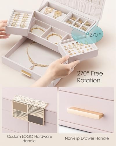 VLANDO 3 Layer Jewelry Box - Women Jewelry Box with Retractable Tray - Jewelry Organizers with Drawer for Necklaces, Rings, Bracelets, Earrings, Gift for Couples Mom Girls - Pink - color: B.Pink, size: 3-Layer