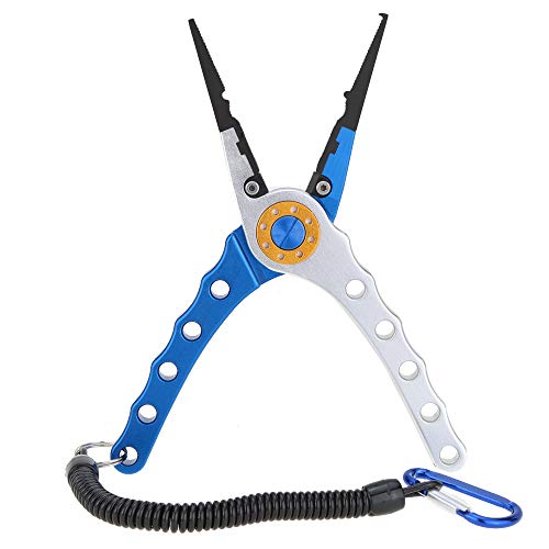 Lixada Fishing Pliers Saltwater Aviation Aluminum with Sheath and Lanyard - Braid Cutters Split Ring Pliers Hook Remover Line Cutting Stainless Steel Jaw Fish Holder, Durable & Lightweight - color: Blue & Silver
