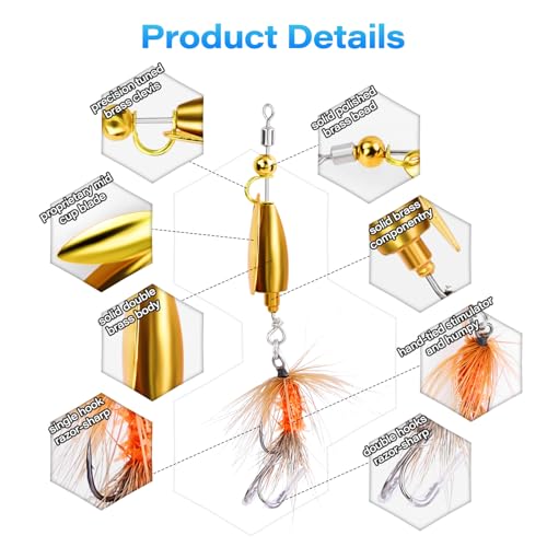 Trout Spinner Lures with Stimulator/Humpy Dry Fly Tail, Brass Hard Metal Hand-Tied Rooster Bait Tail Fishing Spinnerbaits for Bass Pike Salmon Saltwater Freshwater Lake River - color: 10PCS