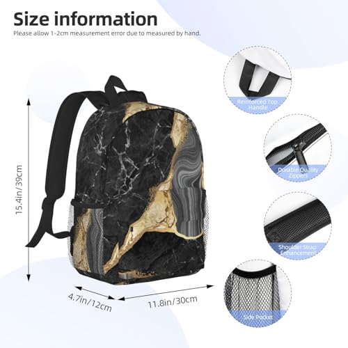 Marble Black And White Gold 15 Inch Backpack Laptop Travel Bag For Men Women With Multiple Pockets Casual Hiking Gym Sport - color: Marble Black and White Gold