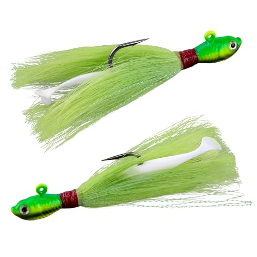 Dr.Fish 3 Pack Bucktail Jigs with Paddle Tail Swimbait Trailer, Saltwater Fishing Hair Jigs Buck Tail Lure White Surf Fishing Mackerel Flounder Bluefish Snapper - color: Chartreuse, size: 1/4oz-Hook 3/0
