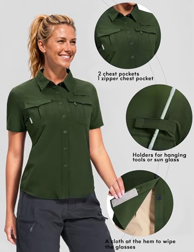 Haimont Women's UPF 50+ Short Sleeve Hiking Button Down Shirt | Quick-Dry Stretch, Mesh Back Vents, 2 Chest Pockets + Zip Pocket, Sunglasses Loop, Lens Cloth, Travel - color: Army Green, size: Small