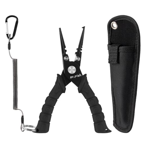 Dr.Fish Fishing Split Ring Pliers Fish Lip Gripper Hook Remover Black | Freshwater & Saltwater Fishing Tools: 420 Stainless Steel Lip Gripper Hook Remover with PVC Handle, Lanyards and Sheath - color: Black-6"