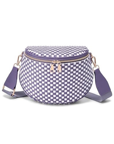 Trendy Woven Checkered Crossbody Bum Bag for Women，PU Leather Checkered Purse Fanny Packs Belt Bag (Woven Bum Bag - Cloudy Purple White) - color: Woven Bum Bag - Cloudy Purple White