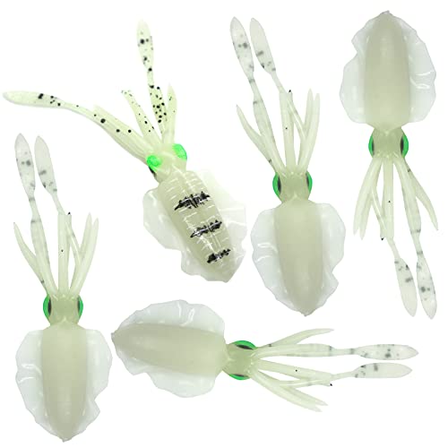 5pcs Chartreuse Glow Fish WOW! 6" Chase Squid Skirt Luminous Realistic Squid Octopus baits 3D Large Eyes Premium Quality Soft Plastic Fishing Lures Green