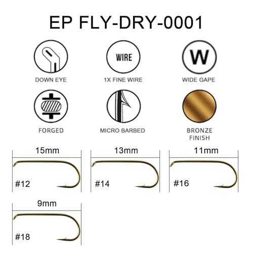 Eupheng Fly Fishing Hooks 100pc Pack Micro Barbed High Carbon Steel Bronze Forged for Dry Flies, Curved Nymphs, Shrimp,Caddis Pupa - color: EP FLY-DRY-0001, size: #12