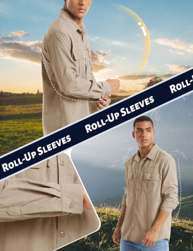 TACVASEN Fishing Shirt for Men, Long Sleeve Shirt Quick Dry Fit, Tactical Shirt Button Up, Work Shirt Lightweight Safari - color: Khaki, size: Medium