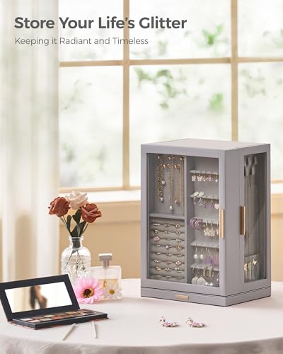 Glimmloop 360° Rotating Jewelry Box with 7 Drawers, Spacious Vertical Jewelry Organizer with Glass Window, Jewelry Storage Case, Dustproof & Moisture-resistant Design, Grey - color: Grey, size: 7 Drawers (6.2"D x 9.2"W x 12.7"H)
