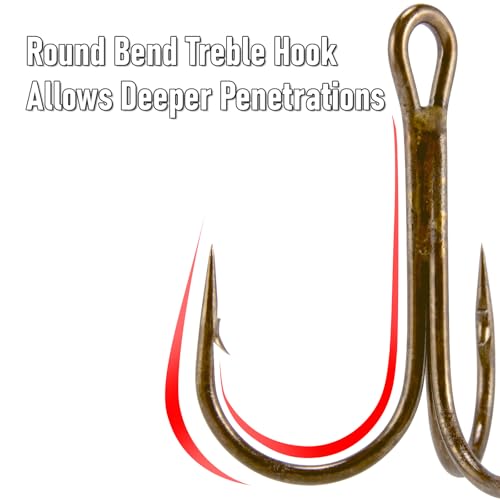 Dr.Fish 30 Pack Round Bend Treble Hooks #16-#8/0, Triple Fishing Hooks Saltwater&Freshwater, Replacement Hardbait Crankbait Spinner Catfish Walleye Trout Salmon Bass Fishing - color: Bronze, size: #2-30 Pack