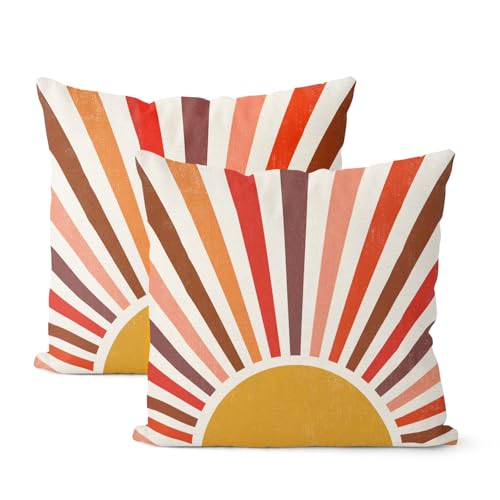 Summer Pillow Covers 16x16 Inch 2 Pcs Boho Red Brown Yellow Sunshine Outdoor Decor Throw Pillows Stripes Rainbow Sun Farmhouse Holiday Decoration Pillowcase Linen Cushion Cover for Couch Sofa - color: Boho Sun 02, size: 16" x 16" (Pack of 2)