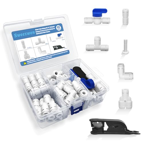 Water Tube Fittings Kit, 1/4" OD Quick Connect Push to Connect Fittings for RO/DI Water Filter System (Ball Valve+ T+ I+ L+ Y+ Professional Tubing Cutter, 46Pcs) - size: 1/4 inch,46Pcs