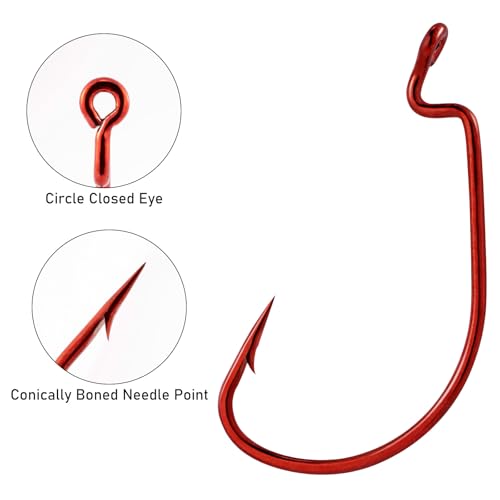 Dr.Fish EWG Hooks Bass Fishing Worm Hooks Extra Wide Gap Freshwater Fishing Carolina/Texas Rig - color: Red, size: #2-50 Pack