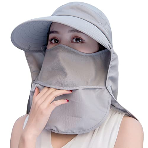 Women Wide Brim Face Mask Sun Hat Detachable Neck Face Flap Ponytail UV Protection Visor Hat Garden Fishing Hiking - color: A2-shun005-gray