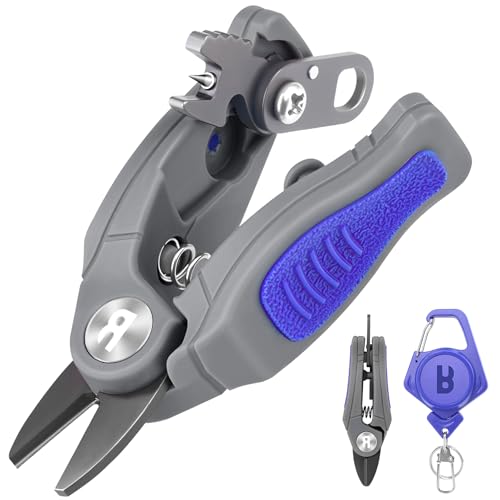 Booms Fishing Line Cutter with Retractor: Mini Fishing Scissors for Braided Momo Fluoro Line - Braid Scissors Saltwater with Hook Eye Cleaner - Serrated Shears with Locking Feature, FR1 - color: Blue