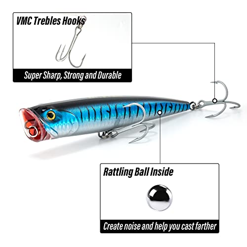 Dr.Fish Popper Saltwater Fishing Lures, 4/5.5 Inches GT Popper VMC Treble Hooks Surf Fishing Lures for Bass Striper Pike Salmon Offshore - color: Blue Mackerel-1 Pack, size: 5.5"