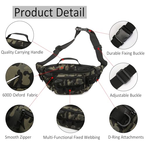 Tactical Fanny Pack,Small Fishing Tackle Bag Water-Resistant Military Waist Bags Portable Fishing Storage Waist Packs for Outdoor Fly Fishing Hiking Climbing with 2 PCS Mini Carabiners (Black) - color: Black