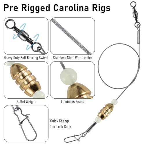 Dr.Fish 15 Pack Carolina Ready Rigs 10'' for Bass Fishing, Freshwater Fishing Wire Leader Line Pre-Rigged Bullet Sinker Swivels - color: Brass Weights, size: 1/4oz-15 Pack