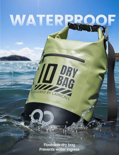 Lamicall Waterproof Dry Bag with Phone Pouch - 5L/10L/20L/30L/40L Floating Roll Top Backpack for Kayaking Boating Beach Camping Fishing - Heavy Duty 500D PVC Marine Dry Sack for Men, Women, Green 20L - color: Olive Green, size: 20L