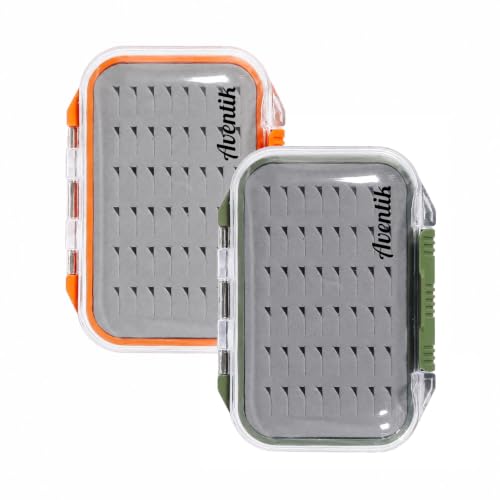 Aventik 2 Sided Clear Fly Fishing Box Waterproof Floating Fly Case with Easy Grip Foam Large Capacity Lightweight Storage for Nymph Wet Dry Flies & Lure (MossGreen+Orange, SIZE A:4.24X3.04X1.36inch) - color: MossGreen+Orange, size: SIZE A:4.24X3.04X1.36in