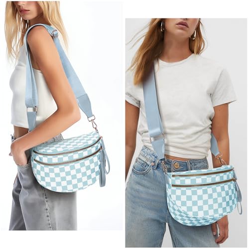 Checkered Crossbody Bum Bags for Women Nylon Checkered Purse Checkerboard Fanny Pack - color: A10-ice Blue