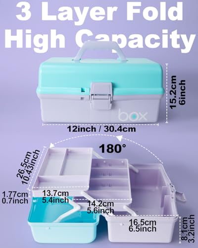 TERGOO 12in 3-Layer Plastic Craft Organizers and Storage, Portable Folding Tackle Box with Handle & Adjustable Dividers, Multipurpose Case for Sewing, Art Supplies, Medicine, Tools (Purple Blue) - color: Purple Blue