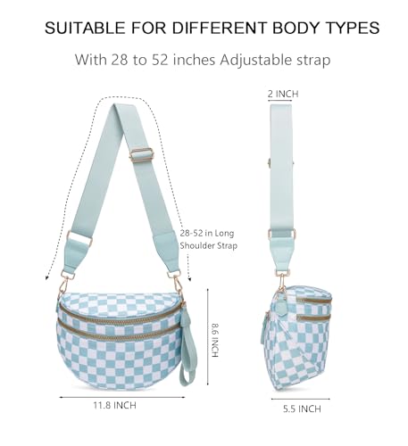 Pure Colour Crossbody Bum Bags for Women Spacious Checkered Cross body Bag Nylon Trendy Fanny Pack for Travel - color: Light Blue Checkered
