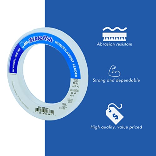 Triple Fish Monofilament Fishing Leader - Clear, Camo Strong Tough Leader Material for Big Game Fishing, Up to 400lb Test - color: Clear, style: 125 Lb Test, 1.20 Mm Dia, 50 Yd
