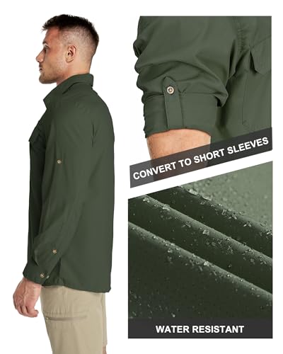 33,000ft Men's Long Sleeve Sun Protection Shirt UPF 50+ UV Quick Dry Cooling Fishing Shirts for Travel Safari Camping Hiking - color: Army Green, size: X-Large
