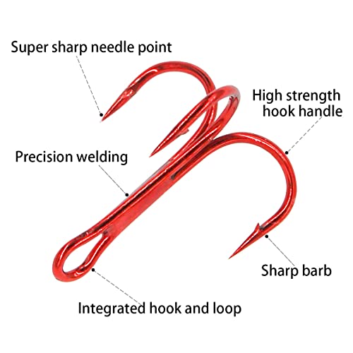 200 Pack Fishing Treble Hooks Kit High Carbon Steel Hooks Strong Sharp Round Bend with Split Rings for Lures Baits Saltwater Freshwater Fishing Size 2# 4# 6# 8# 10# - color: Red Mixed 200pcs