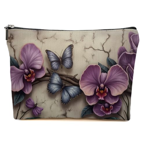JIUWEIHU Purple Orchid Makeup Bag, Butterfly Cosmetic Bags Travel Organizer Bag Zipper Pouch, Christmas Birthday Gifts for Women Sister Mom Friend, Purple Flower Gifts - color: Multicolor 0057