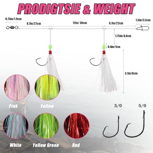 Eupheng Fluke Flounder Hi-Lo Rig, 3/0 5/0 5PCS Saltwater Fishing Bait Rigs with Mylar Teaser for Surf Ocean Fishing Sea Bass Halibut Rockfish Cod - size: Wide Gap Hook-#5/0-5PCS